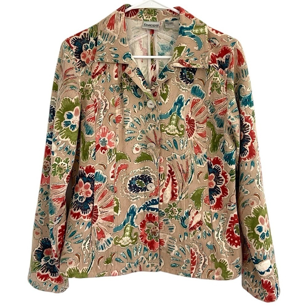 Chico's Women's Faux Suede Button Down Colorful Floral Multicolor